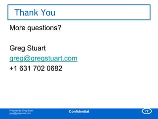 Thank You
More questions?

Greg Stuart
greg@gregstuart.com
+1 631 702 0682




Prepared by Greg Stuart                  72...