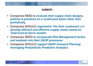 SUMMARY……
  Companies NEED to evaluate their supply chain designs,
policies & practices on a continuous basis rather than
periodically
  Companies SHOULD segment/or Tier their customers and
develop efficient and effective supply chains based on
Total-Cost-to-Serve models
  Companies NEED to incorporate Risk Management tactics
and methods into their S&OP processes
  Companies SHOULD support S&OP Scenario Planning
leveraging Probabilistic Predictive Analytics
19
 