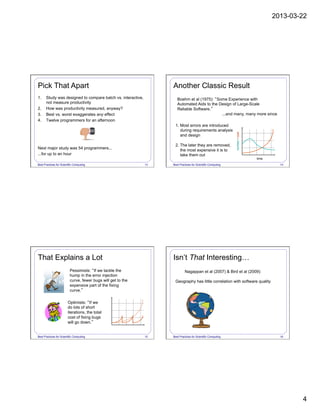 2013-03-22
4
Best Practices for Scientific Computing 13
1.  Study was designed to compare batch vs. interactive,
not measure productivity
2.  How was productivity measured, anyway?
3.  Best vs. worst exaggerates any effect
4.  Twelve programmers for an afternoon
Pick That Apart
Next major study was 54 programmers...
...for up to an hour
Best Practices for Scientific Computing 14
Boehm et al (1975): “Some Experience with
Automated Aids to the Design of Large-Scale
Reliable Software.”
...and many, many more since
1.  Most errors are introduced
during requirements analysis
and design
2.  The later they are removed,
the most expensive it is to
take them out
time
number/cost
Another Classic Result
Best Practices for Scientific Computing 15
Pessimists: “If we tackle the
hump in the error injection
curve, fewer bugs will get to the
expensive part of the fixing
curve.”
Optimists: “If we
do lots of short
iterations, the total
cost of fixing bugs
will go down.”
That Explains a Lot
Best Practices for Scientific Computing 16
Nagappan et al (2007) & Bird et al (2009):
Geography has little correlation with software quality
Isn’t That Interesting…
 