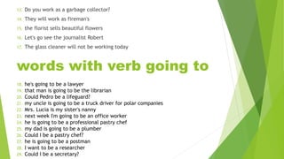 13. Do you work as a garbage collector?
14. They will work as fireman's
15. the florist sells beautiful flowers
16. Let's go see the journalist Robert
17. The glass cleaner will not be working today
words with verb going to
18. he's going to be a lawyer
19. that man is going to be the librarian
20. Could Pedro be a lifeguard?
21. my uncle is going to be a truck driver for polar companies
22. Mrs. Lucia is my sister's nanny
23. next week I'm going to be an office worker
24. he is going to be a professional pastry chef
25. my dad is going to be a plumber
26. Could I be a pastry chef?
27. he is going to be a postman
28. I want to be a researcher
29. Could I be a secretary?
 