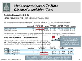 Spruce Point Capital
10
Management Appears To Have
Obscured Acquisition Costs
Buried Deep in the Notes...A Very Odd Disclosure
“The aggregate purchase price in the table above includes approximately
$98.2 million received from the Flexible Packaging JV partner relating to their
investment in the Flexible Packaging JV and reimbursement of certain costs.”
This Has Nothing to Due
with Acquisitions and
Distorts the Presentation of
the Cash Flow Statement
Acquisition Disclosure ( 2010 10-K )
Two years later in the 2012 10-K they corrected it and omitted
revenue and operating profit contributions from deals.Sources: 2012 10K (here) and 2010 10K (here)
 