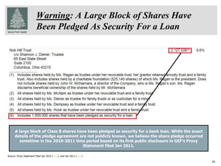 Spruce Point Capital
26
Warning: A Large Block of Shares Have
Been Pledged As Security For a Loan
Source: Proxy Statement Filed Jan 2015 (here) and Jan 2011 (here)
A large block of Class B shares have been pledged as security for a bank loan. While the exact
details of the pledge agreement are not publicly known, we believe the share pledge occurred
sometime in the 2010-2011 time period based on its first public disclosure in GEF’s Proxy
Statement filed Jan 2011.
 