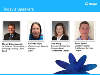 Today’s Speakers
Myron Gramelspacher
Sr. Director, Global Indirects
Sourcing & Supply Chain
Greif
Meredith Volpe
eProcurement Systems
Manager
Greif
Amy Fong
Executive Advisor and
Program Lead
The Hackett Group
Adam Alphin
Director, Supplier
Enablement Services
Coupa
 