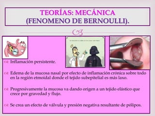 
TEORÍAS: MECÁNICA
(FENOMENO DE BERNOULLI).
 Inflamación persistente.
 Edema de la mucosa nasal por efecto de inflamación crónica sobre todo
en la región etmoidal donde el tejido subepitelial es más laxo.
 Progresivamente la mucosa va dando origen a un tejido elástico que
crece por gravedad y flujo.
 Se crea un efecto de válvula y presión negativa resultante de pólipos.
 