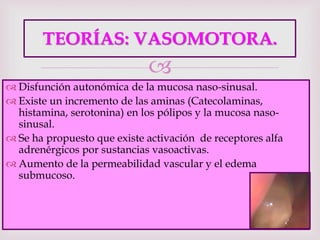 
TEORÍAS: VASOMOTORA.
 Disfunción autonómica de la mucosa naso-sinusal.
 Existe un incremento de las aminas (Catecolaminas,
histamina, serotonina) en los pólipos y la mucosa naso-
sinusal.
 Se ha propuesto que existe activación de receptores alfa
adrenérgicos por sustancias vasoactivas.
 Aumento de la permeabilidad vascular y el edema
submucoso.
 