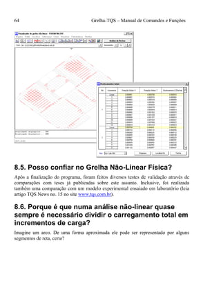 64 Grelha-TQS – Manual de Comandos e Funções
8.5. Posso confiar no Grelha Não-Linear Física?
Após a finalização do programa, foram feitos diversos testes de validação através de
comparações com teses já publicadas sobre este assunto. Inclusive, foi realizada
também uma comparação com um modelo experimental ensaiado em laboratório (leia
artigo TQS News no. 15 no site www.tqs.com.br).
8.6. Porque é que numa análise não-linear quase
sempre é necessário dividir o carregamento total em
incrementos de carga?
Imagine um arco. De uma forma aproximada ele pode ser representado por alguns
segmentos de reta, certo?
 