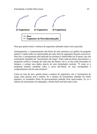 Entendendo o Grelha Não-Linear 65
Note que quanto maior o número de segmentos adotados maior será a precisão.
Analogamente, o comportamento não-linear de uma estrutura (ver gráfico da pergunta
número 1) pode então ser representado por uma série de segmentos lineares sucessivos.
Para isto, o carregamento total aplicado na estrutura é subdividido em N partes, que são
comumente chamados de “Incrementos de Carga”. Entre cada um destes incrementos, o
programa verifica a situação de cada uma das barras, isto é, se elas estão fissuradas ou
íntegras, e corrige seus dados através de uma formulação coerente. “É como se o
programa tentasse caminhar sobre a curva não-linear, ou seja, acompanhar o
comportamento real de uma estrutura”.
Como no caso do arco, quanto maior o número de segmentos, isto é, incrementos de
carga, mais precisa será a análise. Se o número de incrementos adotado for muito
pequeno, os resultados finais do processamento poderão ficar equivocados. Já, se o
número de incrementos for adequado, a flecha final será bem mais exata.
 