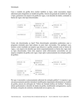 Introdução 3
TQS Informática Ltda Rua dos Pinheiros 706 c/2 05422-001 São Paulo SP Tel (011) 3083-2722 Fax (011) 3083-2798
Caso o modelo de grelha deva incluir também as lajes, serão necessárias etapas
adicionais para chegarmos ao modelo de grelha. Através da geração do modelo de vigas
e lajes, geraremos um arquivo de grelha de vigas, e um desenho de dados, contendo as
barras de vigas e das lajes discretizadas:
PLANTA DE
FORMAS
CRITERIOS
GERACAO DE
GRELHA DE GRELHA DE
VIGASVIGAS E LAJES
DESENHO DE
DADOS DE
VIGAS E LAJESVIGAS E LAJES
GERACAO DE
DESENHO DE
Como são discretizadas as lajes? Para discretização automática poderemos usar o
programa orientado para lajes planas ou para lajes nervuradas. Em qualquer caso,
teremos como resultado um arquivo que descreve a grelha somente com as barras de
vigas, e um arquivo de desenho que inclui esquematicamente as barras das vigas mais
as lajes discretizadas. Estes dois arquivos serão efetivamente convertidos em um
arquivo completo de grelha com vigas e lajes após o processamento da extração gráfica
de grelhas:
GRELHA DEGRELHA DE
VIGAS
DESENHO DE
DADOS DE
VIGAS E LAJES
EXTRACAO
GRAFICA
DE GRELHAS VIGAS E LAJES
GRAFICA
DE GRELHAS
ENTRADA
Por que é necessário o processamento adicional de extração gráfica? A resposta é que
este processamento permite introduzir modificações importantes diretamente no modelo
de grelha, através da utilização do “Editor de Entrada Gráfica de Grelhas”. Podemos
alterar graficamente o desenho de dados da grelha, modificando carregamentos, seções
de barras, situações de contorno, introduzindo novos apoios, etc.
 