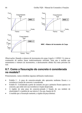 66 Grelha-TQS – Manual de Comandos e Funções
Observações: Quando o número de incrementos de carga é igual a 1 (NINC=1), trata-se
exatamente da análise linear tradicionalmente utilizada. Note que à medida que
aumentamos o número de incrementos, o deslocamento obtido fica mais próximo do
real.
8.7. Como a fissuração do concreto é considerada
no modelo?
Primeiramente, vamos relembrar algumas definições tradicionais:
 Estádio I : A peça de concreto-armado não apresenta nenhuma fissura e a
resistência à tração do concreto é considerada.
 Estádio II : Considerada a partir do instante em que a primeira fissura aparece no
concreto, que então tem sua resistência à tração desprezada.
 A rigidez de uma peça de concreto-armado é função do seu módulo de
elasticidade E e também de sua inércia I. Ou seja, função de EI.
 A medida que a fissuração aumenta, a rigidez da peça diminui.
 