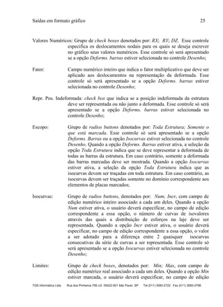 Saídas em formato gráfico 25
TQS Informática Ltda Rua dos Pinheiros 706 c/2 05422-001 São Paulo SP Tel (011) 3083-2722 Fax (011) 3083-2798
Valores Numéricos: Grupo de check boxes denotados por: RX; RY; DZ. Esse controle
especifica os deslocamentos nodais para os quais se deseja escrever
no gráfico seus valores numéricos. Esse controle só será apresentado
se a opção Deforms. barras estiver selecionada no controle Desenho;
Fator: Campo numérico inteiro que indica o fator multiplicativo que deve ser
aplicado aos deslocamentos na representação da deformada. Esse
controle só será apresentado se a opção Deforms. barras estiver
selecionada no controle Desenho;
Repr. Pos. Indeformada: check box que indica se a posição indeformada da estrutura
deve ser representada ou não junto a deformada. Esse controle só será
apresentado se a opção Deforms. barras estiver selecionada no
controle Desenho;
Escopo: Grupo de radios buttons denotados por: Toda Estrutura; Somente o
que está marcada. Esse controle só será apresentado se a opção
Deforms. Barras ou a opção Isocurvas estiver selecionada no controle
Desenho. Quando a opção Deforms. Barras estiver ativa, a seleção da
opção Toda Estrutura indica que se deve representar a deformada de
todas as barras da estrutura. Em caso contrário, somente a deformada
das barras marcadas deve ser mostrada. Quando a opção Isocurvas
estiver ativa, a seleção da opção Toda Estrutura indica que as
isocurvas devem ser traçadas em toda estrutura. Em caso contrário, as
isocurvas devem ser traçadas somente no domínio correspondente aos
elementos de placas marcados;
Isocurvas: Grupo de radios buttons, denotados por: Num; Incr, com campo de
edição numérico inteiro associado a cada um deles. Quando a opção
Num estiver ativa, o usuário deverá especificar, no campo de edição
correspondente a essa opção, o número de curvas de isovalores
através das quais a distribuição de esforços na laje deve ser
representada. Quando a opção Incr estiver ativa, o usuário deverá
especificar, no campo de edição correspondente a essa opção, o valor
a ser adotado para a diferença entre 2 quaisquer isocurvas
consecutivas da série de curvas a ser representada. Esse controle só
será apresentado se a opção Isocurvas estiver selecionada no controle
Desenho;
Limites: Grupo de check boxes, denotados por: Min; Max, com campo de
edição numérico real associado a cada um deles. Quando a opção Min
estiver marcada, o usuário deverá especificar, no campo de edição
 