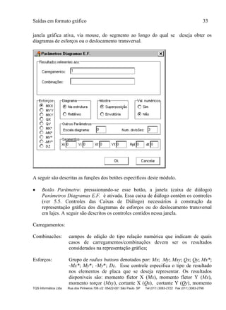 Saídas em formato gráfico 33
TQS Informática Ltda Rua dos Pinheiros 706 c/2 05422-001 São Paulo SP Tel (011) 3083-2722 Fax (011) 3083-2798
janela gráfica ativa, via mouse, do segmento ao longo do qual se deseja obter os
diagramas de esforços ou o deslocamento transversal.
A seguir são descritas as funções dos botões específicos deste módulo.
 Botão Parâmetro: presssionando-se esse botão, a janela (caixa de diálogo)
Parâmetros Diagramas E.F. é ativada. Essa caixa de diálogo contém os controles
(ver 5.5. Controles das Caixas de Diálogo) necessários à construção da
representação gráfica dos diagramas de esforços ou do deslocamento transversal
em lajes. A seguir são descritos os controles contidos nessa janela.
Carregamentos:
Combinacões: campos de edição do tipo relação numérica que indicam de quais
casos de carregamentos/combinações devem ser os resultados
considerados na representação gráfica;
Esforços: Grupo de radios buttons denotados por: Mx; My; Mxy; Qx; Qy; Mx*;
-Mx*; My*; -My*; Dz. Esse controle especifica o tipo de resultado
nos elementos de placa que se deseja representar. Os resultados
disponíveis são: momento fletor X (Mx), momento fletor Y (Mx),
momento torçor (Mxy), cortante X (Qx), cortante Y (Qy), momento
 