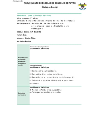 [Escrevatexto]
AGRUPAMENTO DE ESCOLAS DO CONCELHO DE ALVITO
Biblioteca Escolar
REFERENCIAL (ÁREA A): Literacia da Leitura
NÍVEL DE ENSINO:2.º ciclo
ATIVIDADE: B a n d a D e s e n h a d a C o mo f o r ma d e l i t e r a t u r a
ENQUADRAMENTO: At i v i d a d e d e s e n v o l v i d a e m
a r t i c u l a ç ã o c o m a d i s c i p l i n a d e
P o r t u g u ê s
ESCOLA: Básica n.º1 de Alvito
TURMA: 5.ºA
DOCENTE: Marisa Filipe
PB: Luisa Fadista
Aprendizagens
associadas
ao trabalho
da biblioteca
escolar
Conhecimentos/Capacidades
A - Literacia da Leitura
Atitudes e valores
A - Literacia da Leitura
1 . D e m o n s t r a c u r i o s i d a d e .
5 . R e s p e i t a d i f e r e n t e s o p i n i õ e s .
6 . R e c o n h e c e a i m p o r t â n c i a d a i n f o r m a ç ã o .
9 . Va l o r i z a o u s o d a b i b l i o t e c a e d o s s e u s
r e c u r s o s
Conteúdos
curriculares
A - Literacia da Leitura
8. F a z e r i n f e r ê n ci a s a p a r t i r a
i n f o r m a ç ã o c o n t i d a n o t e x t o .
 