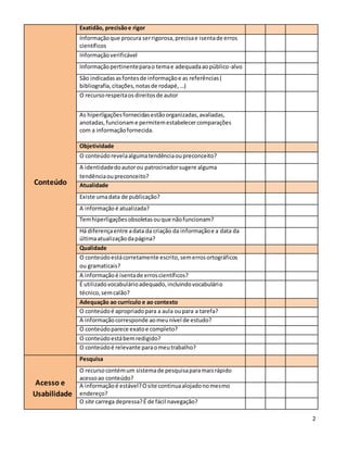 2
Conteúdo
Exatidão, precisãoe rigor
Informaçãoque procura serrigorosa,precisae isentade erros
científicos
Informaçãoverificável
Informaçãopertinenteparao temae adequadaaopúblico-alvo
São indicadasasfontesde informaçãoe as referências(
bibliografia,citações,notasde rodapé,…)
O recursorespeitaos direitosde autor
As hiperligaçõesfornecidasestãoorganizadas,avaliadas,
anotadas,funcioname permitemestabelecercomparações
com a informaçãofornecida.
Objetividade
O conteúdorevelaalgumatendênciaoupreconceito?
A identidadedoautorou patrocinadorsugere alguma
tendênciaoupreconceito?
Atualidade
Existe umadata de publicação?
A informação é atualizada?
Temhiperligaçõesobsoletasouque nãofuncionam?
Há diferençaentre adata da criação da informaçãoe a data da
últimaatualizaçãodapágina?
Qualidade
O conteúdoestácorretamente escrito,semerrosortográficos
ou gramaticais?
A informaçãoé isentade erroscientíficos?
É utilizadovocabulárioadequado,incluindovocabulário
técnico,semcalão?
Adequação ao currículo e ao contexto
O conteúdoé apropriadopara a aula oupara a tarefa?
A informaçãocorresponde aomeunível de estudo?
O conteúdoparece exatoe completo?
O conteúdoestábemredigido?
O conteúdoé relevante paraomeutrabalho?
Acesso e
Usabilidade
Pesquisa
O recursocontémum sistemade pesquisaparamaisrápido
acessoao conteúdo?
A informaçãoé estável?Osite continuaalojadonomesmo
endereço?
O site carrega depressa?É de fácil navegação?
 