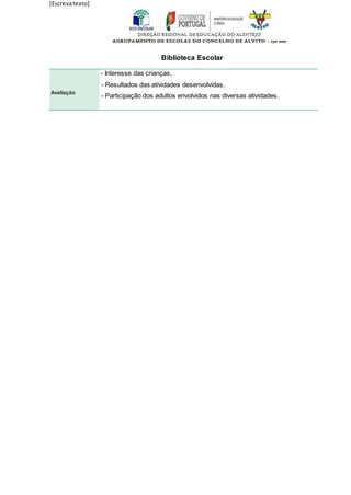 [Escrevatexto]
Biblioteca Escolar
Avaliação
- Interesse das crianças,
- Resultados das atividades desenvolvidas.
- Participação dos adultos envolvidos nas diversas atividades.
 