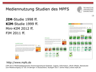 19
Mediennutzung Studien des MPFS
JIM-Studie 1998 ff.
KIM-Studie 1999 ff.
Mini-KIM 2012 ff.
FIM 2011 ff.
[JIM 2017] Medienpädagogischer Forschungsverbund Südwest: Jugend, Information, (Multi-)Media. Basisstudie
zum Medienumgang 12- bis 19-Jähriger in Deutschland. Stuttgart 2017. Online https://www.mpfs.de
http://www.mpfs.de
 