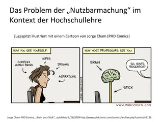Das Problem der „Nutzbarmachung“ im 
 Kontext der Hochschullehre
     Zugespitzt illustriert mit einem Cartoon von Jorge Cham (PHD Comics)




Jorge Cham PHD Comics, „Brain on a Stick“,  published 1/26/2009 http://www.phdcomics.com/comics/archive.php?comicid=1126
 