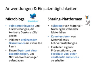 Anwendungen & Einsatzmöglichkeiten

Microblogs                      Sharing‐Plattformen
• Pointierte Hinweise und       • «Sharing» von Material –
  Rückmeldungen, die              Nutzung bestehender 
  konkrete Denkanstöße            Materialien
  geben                         • Kommentieren von 
• Initiieren ergänzender          Materialien zu 
  Diskussionen im virtuellen      Lehrveranstaltungen
  Raum                          • Einstellen eigener 
• Einem Experten/ einer           Präsentationen, um 
  Expertin folgen, um             Feedback von  einer 
  Netzwerkverbindungen            «authentic audience»
  aufzubauen                      zu erhalten
 