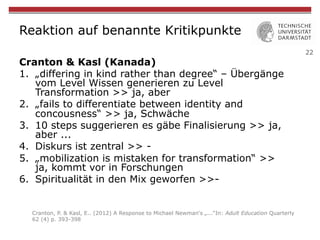 22
Reaktion auf benannte Kritikpunkte
Cranton & Kasl (Kanada)
1.  „differing in kind rather than degree“ – Übergänge
vom Level Wissen generieren zu Level
Transformation >> ja, aber
2.  „fails to differentiate between identity and
concousness“ >> ja, Schwäche
3.  10 steps suggerieren es gäbe Finalisierung >> ja,
aber ...
4.  Diskurs ist zentral >> -
5.  „mobilization is mistaken for transformation“ >>
ja, kommt vor in Forschungen
6.  Spiritualität in den Mix geworfen >>-
Cranton, P. & Kasl, E.. (2012) A Response to Michael Newman‘s „...“In: Adult Education Quarterly
62 (4) p. 393-398
 