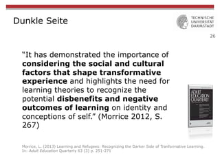 26
Dunkle Seite
“It has demonstrated the importance of
considering the social and cultural
factors that shape transformative
experience and highlights the need for
learning theories to recognize the
potential disbenefits and negative
outcomes of learning on identity and
conceptions of self.” (Morrice 2012, S.
267)
Morrice, L. (2013) Learning and Refugees: Recognizing the Darker Side of Tranformative Learning.
In: Adult Education Quarterly 63 (3) p. 251-271
 