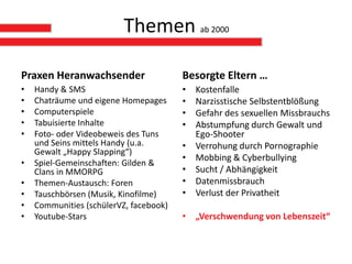 Themen ab 2000

Praxen Heranwachsender                  Besorgte Eltern …
•   Handy & SMS                         •   Kostenfalle
•   Chaträume und eigene Homepages      •   Narzisstische Selbstentblößung
•   Computerspiele                      •   Gefahr des sexuellen Missbrauchs
•   Tabuisierte Inhalte                 •   Abstumpfung durch Gewalt und
•   Foto- oder Videobeweis des Tuns         Ego-Shooter
    und Seins mittels Handy (u.a.       •   Verrohung durch Pornographie
    Gewalt „Happy Slapping“)
                                        •   Mobbing & Cyberbullying
•   Spiel-Gemeinschaften: Gilden &
    Clans in MMORPG                     •   Sucht / Abhängigkeit
•   Themen-Austausch: Foren             •   Datenmissbrauch
•   Tauschbörsen (Musik, Kinofilme)     •   Verlust der Privatheit
•   Communities (schülerVZ, facebook)
•   Youtube-Stars                       • „Verschwendung von Lebenszeit“
 
