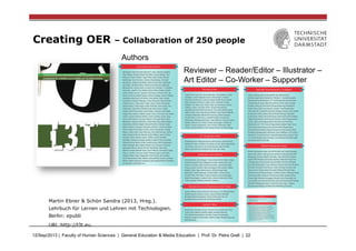 12/Sep/2013 | Faculty of Human Sciences | General Education & Media Education | Prof. Dr. Petra Grell | 22
Creating OER – Collaboration of 250 people
Martin Ebner & Schön Sandra (2013, Hrsg.).
Lehrbuch für Lernen und Lehren mit Technologien.
Berlin: epubli
URL:http://l3t.eu.
Reviewer – Reader/Editor – Illustrator –
Art Editor – Co-Worker – Supporter
Authors
 