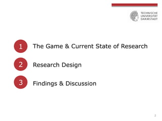 1
2
3
The Game & Current State of Research
Research Design
Findings & Discussion
2
 