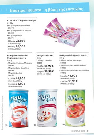 0302 04
0101
ΣυγκριτικέςΛιανικέςΤιμέςμεΟμοειδήΠροϊόντατηςΑγοράς
9LR WORLD 01.15
01 6ΑΔΑ BOX Figuactiv Μπάρες
6 x 60 g
• Με γεύση Crunchy Caramel
80272
• Με γεύση Φράουλα- Γιαούρτι
80284
• Με γεύση Nougat
80271
Ελλάδα: 28,50 €
(7,92 € ανά 100 g)
Κύπρος: 26,50 €
(7,92 € ανά 100 g)
02 Figuactiv Στιγμιαία
Ροφήματα σε σκόνη
450 g
• Με γεύση Φράουλα-Μπανάνα
80201
• Με γεύση Latte-Macchiato
80203
• Με γεύση βανίλια
80280
Ελλάδα: 41,90 €
(93,11 € ανά 1000 g)
Κύπρος: 38,90 €
(86,44 € ανά 1000 g)
03 Figuactiv Vital
450 g
Crunchy Cranberry
80295
Ελλάδα: 41,90 €
(93,11 € ανά 1000 g)
Κύπρος: 38,90 €
(86,44 € ανά 1000 g)
04 Figuactiv Στιγμιαίες Σούπες
500 g
• Σούπα Πατάτας «Auberge»
80208
• Σούπα Ντομάτας «Mediterranée»
80209
• Σούπα με Λαχανικά και Κάρυ «India»
80210
Ελλάδα: 41,90 €
(83,80 € ανά 1000 g)
Κύπρος: 38,90 €
(77,80 € ανά 1000 g)
Νόστιμα Γεύματα - η βάση της επιτυχίας
 