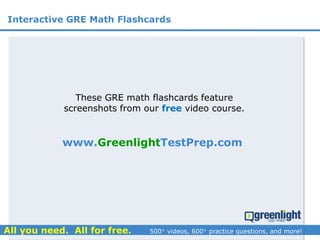 Interactive GRE Math Flashcards
www.GreenlightTestPrep.com
These GRE math flashcards feature
screenshots from our video course.
 