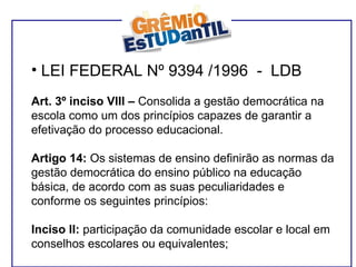 LEI FEDERAL Nº 9394 /1996  -  LDB Art. 3º inciso VIII –  Consolida a gestão democrática na escola como um dos princípios capazes de garantir a efetivação do processo educacional. Artigo 14:  Os sistemas de ensino definirão as normas da gestão democrática do ensino público na educação básica, de acordo com as suas peculiaridades e conforme os seguintes princípios: Inciso II:  participação da comunidade escolar e local em conselhos escolares ou equivalentes; 