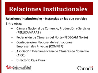 Relaciones Institucionales
Relaciones Institucionales - Instancias en las que participa
Entre otras:
– Cámara Nacional de Comercio, Producción y Servicios
(PERUCÁMARAS )
– Federación de Cámaras del Norte (FEDECAM Norte)
– Confederación Nacional de Instituciones
Empresariales Privadas (CONFIEP)
– Asociación Iberoamericana de Cámaras de Comercio
(AICO)
– Directorio Caja Piura
 