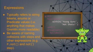 © 2018. All Rights Reserved.
g.V().
has('movie', 'title',
within('Young Guns',
'Hot Shots!')).
outE().
groupCount().
by(label())
Expressions
● Typically refers to string
tokens, enums or
Predicate values (i.e.
anything that makes
Gremlin more readable)
● Be aware of naming
collisions with steps and
other expressions (e.g.
P.not() and not()
step).
 