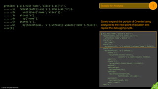 © 2018. All Rights Reserved.
gremlin> g.V().has('name','alice').as('v').
......1> repeat(outE().as('e').inV().as('v')).
......2> until(has('name','alice')).
......3> store('a').
......4> by('name').
......5> store('a').
......6> by(select(all, 'v').unfold().values('name').fold())
==>v[0]
Slowly expand the portion of Gremlin being
analyzed to the next point of isolation and
repeat the debugging cycle.
g.V().has('name','alice').as('v').
repeat(outE().as('e').inV().as('v')).
until(has('name','alice')).
store('a').
by('name').
store('a').
by(select(all, 'v').unfold().values('name').fold()).
store('a').
by(select(all, 'e').unfold().
store('x').
by(union(values('value'),
select('x').count(local)).fold()).
cap('x').
store('a').
by(unfold().limit(local, 1).fold()).
unfold().
sack(assign).
by(constant(1d)).
sack(div).
by(union(constant(1d),
tail(local, 1)).sum()).
sack(mult).
by(limit(local, 1)).
sack().sum()).
cap('a')
Isolate for Analysis 1
 