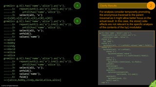 © 2018. All Rights Reserved.
gremlin> g.V().has('name','alice').as('v').
......1> repeat(outE().as('e').inV().as('v')).
......2> until(has('name','alice')).
......3> select(all, 'v')
==>[v[0],v[2],v[4],v[6],v[8],v[0]]
gremlin> g.V().has('name','alice').as('v').
......1> repeat(outE().as('e').inV().as('v')).
......2> until(has('name','alice')).
......3> select(all, 'v').
......4> unfold().
......5> values('name')
==>alice
==>bobby
==>cindy
==>david
==>eliza
==>alice
gremlin> g.V().has('name','alice').as('v').
......1> repeat(outE().as('e').inV().as('v')).
......2> until(has('name','alice')).
......3> select(all, 'v').
......4> unfold().
......5> values('name').
......6> fold()
==>[alice,bobby,cindy,david,eliza,alice]
For analysis consider temporarily promoting
the anonymous traversal to the parent
traversal as it might allow better focus on the
actual result. In this case, the store() side-
effects are not relevant to the specific analysis
of the contents of the by() modulator.
g.V().has('name','alice').as('v').
repeat(outE().as('e').inV().as('v')).
until(has('name','alice')).
store('a').
by('name').
store('a').
by(select(all, 'v').unfold().values('name').fold()).
store('a').
by(select(all, 'e').unfold().
store('x').
by(union(values('value'),
select('x').count(local)).fold()).
cap('x').
store('a').
by(unfold().limit(local, 1).fold()).
unfold().
sack(assign).
by(constant(1d)).
sack(div).
by(union(constant(1d),
tail(local, 1)).sum()).
sack(mult).
by(limit(local, 1)).
sack().sum()).
cap('a')
Clarify Results 2A
B
C
 