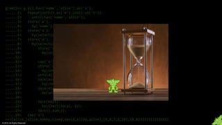 © 2018. All Rights Reserved.
gremlin> g.V().has('name','alice').as('v').
......1> repeat(outE().as('e').inV().as('v')).
......2> until(has('name','alice')).
......3> store('a').
......4> by('name').
......5> store('a').
......6> by(select(all, 'v').unfold().values('name').fold()).
......7> store('a').
......8> by(select(all, 'e').unfold().
......9> store('x').
.....10> by(union(values('value'),
.....11> select('x').count(local)).fold()).
.....12> cap('x').
.....13> store('a').
.....14> by(unfold().limit(local, 1).fold()).
.....15> unfold().
.....16> sack(assign).
.....17> by(constant(1d)).
.....18> sack(div).
.....19> by(union(constant(1d),
.....20> tail(local, 1)).sum()).
.....21> sack(mult).
.....22> by(limit(local, 1)).
.....23> sack().sum()).
.....24> cap('a')
==>[alice,[alice,bobby,cindy,david,eliza,alice],[9,8,7,6,10],18.833333333333332]
 