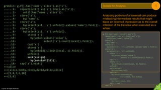 © 2018. All Rights Reserved.
gremlin> g.V().has('name','alice').as('v').
......1> repeat(outE().as('e').inV().as('v')).
......2> until(has('name','alice')).
......3> store('a').
......4> by('name').
......5> store('a').
......6> by(select(all, 'v').unfold().values('name').fold()).
......7> store('a').
......8> by(select(all, 'e').unfold().
......9> store('x').
.....10> by(union(values('value'),
.....11> select('x').count(local)).fold()).
.....12> cap('x').
.....13> store('a').
.....14> by(unfold().limit(local, 1).fold()).
.....15> unfold().
.....16> sack(assign).
.....17> by(constant(1d))).
.....18> cap('a').next()
==>alice
==>[alice,bobby,cindy,david,eliza,alice]
==>[9,8,7,6,10]
==>[9,0]
Analyzing portions of a traversal can produce
misleading intermediate results that might
leave an incorrect impression as to the overall
intention of the traversal when executed as a
whole.
g.V().has('name','alice').as('v').
repeat(outE().as('e').inV().as('v')).
until(has('name','alice')).
store('a').
by('name').
store('a').
by(select(all, 'v').unfold().values('name').fold()).
store('a').
by(select(all, 'e').unfold().
store('x').
by(union(values('value'),
select('x').count(local)).fold()).
cap('x').
store('a').
by(unfold().limit(local, 1).fold()).
unfold().
sack(assign).
by(constant(1d)).
sack(div).
by(union(constant(1d),
tail(local, 1)).sum()).
sack(mult).
by(limit(local, 1)).
sack().sum()).
cap('a')
Isolate for Analysis 1
 