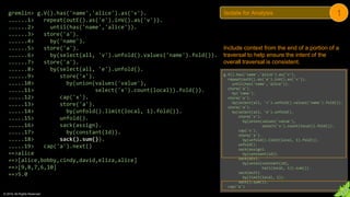 © 2018. All Rights Reserved.
gremlin> g.V().has('name','alice').as('v').
......1> repeat(outE().as('e').inV().as('v')).
......2> until(has('name','alice')).
......3> store('a').
......4> by('name').
......5> store('a').
......6> by(select(all, 'v').unfold().values('name').fold()).
......7> store('a').
......8> by(select(all, 'e').unfold().
......9> store('x').
.....10> by(union(values('value'),
.....11> select('x').count(local)).fold()).
.....12> cap('x').
.....13> store('a').
.....14> by(unfold().limit(local, 1).fold()).
.....15> unfold().
.....16> sack(assign).
.....17> by(constant(1d)).
.....18> sack().sum()).
.....19> cap('a').next()
==>alice
==>[alice,bobby,cindy,david,eliza,alice]
==>[9,8,7,6,10]
==>5.0
Include context from the end of a portion of a
traversal to help ensure the intent of the
overall traversal is consistent.
g.V().has('name','alice').as('v').
repeat(outE().as('e').inV().as('v')).
until(has('name','alice')).
store('a').
by('name').
store('a').
by(select(all, 'v').unfold().values('name').fold()).
store('a').
by(select(all, 'e').unfold().
store('x').
by(union(values('value'),
select('x').count(local)).fold()).
cap('x').
store('a').
by(unfold().limit(local, 1).fold()).
unfold().
sack(assign).
by(constant(1d)).
sack(div).
by(union(constant(1d),
tail(local, 1)).sum()).
sack(mult).
by(limit(local, 1)).
sack().sum()).
cap('a')
Isolate for Analysis 1
 