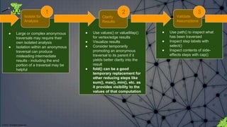 © 2018. All Rights Reserved.
Isolate for
Analysis
1
Validate
Assumptions
3
● Use values() or valueMap()
for vertex/edge results
● Visualize results
● Consider temporarily
promoting an anonymous
traversal to its parent if it
yields better clarity into the
result
● fold() can be a good
temporary replacement for
other reducing steps like
sum(), max(), min(), etc. as
it provides visibility to the
values of that computation
● Use path() to inspect what
has been traversed
● Inspect step labels with
select()
● Inspect contents of side-
effects steps with cap()
Clarify
Results
2
● Large or complex anonymous
traversals may require their
own isolated analysis
● Isolation within an anonymous
traversal can produce
misleading intermediate
results - including the end
portion of a traversal may be
helpful
 