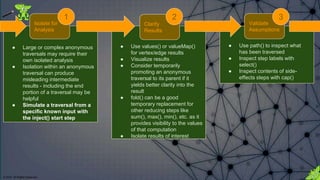 © 2018. All Rights Reserved.
Isolate for
Analysis
1
Validate
Assumptions
3
● Use values() or valueMap()
for vertex/edge results
● Visualize results
● Consider temporarily
promoting an anonymous
traversal to its parent if it
yields better clarity into the
result
● fold() can be a good
temporary replacement for
other reducing steps like
sum(), max(), min(), etc. as it
provides visibility to the values
of that computation
● Isolate results of interest
● Use path() to inspect what
has been traversed
● Inspect step labels with
select()
● Inspect contents of side-
effects steps with cap()
Clarify
Results
2
● Large or complex anonymous
traversals may require their
own isolated analysis
● Isolation within an anonymous
traversal can produce
misleading intermediate
results - including the end
portion of a traversal may be
helpful
● Simulate a traversal from a
specific known input with
the inject() start step
 