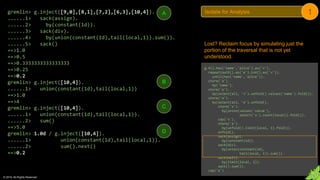 © 2018. All Rights Reserved.
gremlin> g.inject([9,0],[8,1],[7,2],[6,3],[10,4]).
......1> sack(assign).
......2> by(constant(1d)).
......3> sack(div).
......4> by(union(constant(1d),tail(local,1)).sum()).
......5> sack()
==>1.0
==>0.5
==>0.3333333333333333
==>0.25
==>0.2
gremlin> g.inject([10,4]).
......1> union(constant(1d),tail(local,1))
==>1.0
==>4
gremlin> g.inject([10,4]).
......1> union(constant(1d),tail(local,1)).
......2> sum()
==>5.0
gremlin> 1.0d / g.inject([10,4]).
......1> union(constant(1d),tail(local,1)).
......2> sum().next()
==>0.2
Lost? Reclaim focus by simulating just the
portion of the traversal that is not yet
understood.
g.V().has('name','alice').as('v').
repeat(outE().as('e').inV().as('v')).
until(has('name','alice')).
store('a').
by('name').
store('a').
by(select(all, 'v').unfold().values('name').fold()).
store('a').
by(select(all, 'e').unfold().
store('x').
by(union(values('value'),
select('x').count(local)).fold()).
cap('x').
store('a').
by(unfold().limit(local, 1).fold()).
unfold().
sack(assign).
by(constant(1d)).
sack(div).
by(union(constant(1d),
tail(local, 1)).sum()).
sack(mult).
by(limit(local, 1)).
sack().sum()).
cap('a')
Isolate for Analysis 1
B
A
C
D
 