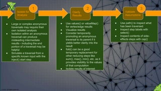 © 2018. All Rights Reserved.
Isolate for
Analysis
1
Validate
Assumptions
3
● Use values() or valueMap()
for vertex/edge results
● Visualize results
● Consider temporarily
promoting an anonymous
traversal to its parent if it
yields better clarity into the
result
● fold() can be a good
temporary replacement for
other reducing steps like
sum(), max(), min(), etc. as it
provides visibility to the values
of that computation
● Isolate results of interest
● Use path() to inspect what
has been traversed
● Inspect step labels with
select()
● Inspect contents of side-
effects steps with cap()
Clarify
Results
2
● Large or complex anonymous
traversals may require their
own isolated analysis
● Isolation within an anonymous
traversal can produce
misleading intermediate
results - including the end
portion of a traversal may be
helpful
● Simulate a traversal from a
specific known input with the
inject() start step
 