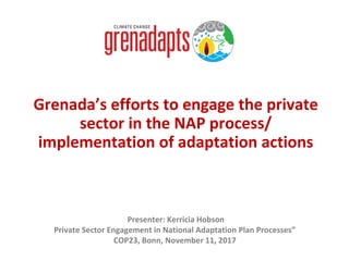 Grenada’s efforts to engage the private
sector in the NAP process/
implementation of adaptation actions
Presenter: Kerrici...
