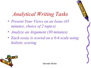 Analytical Writing Tasks  Present Your Views on an Issue (45 minutes, choice of 2 topics)  Analyze an Argument (30 minutes)  Each essay is scored on a 0-6 scale using holistic scoring   Narinder Dhillon 