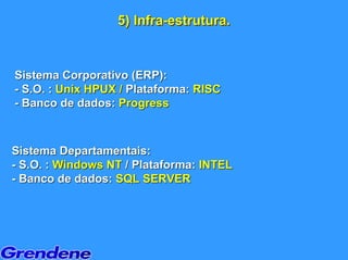 5) Infra-estrutura.
                     Infra-estrutura.


Sistema Corporativo (ERP):
- S.O. : Unix HPUX / Plataforma: RISC
- Banco de dados: Progress



Sistema Departamentais:
- S.O. : Windows NT / Plataforma: INTEL
- Banco de dados: SQL SERVER
 