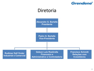 Diretoria

                             Alexandre G. Bartelle
                                  Presidente




                               Pedro G. Bartelle
                               Vice-Presidente




                            Gelson Luis Rostirolla        Francisco Schmitt
 Rudimar Dall´Onder
                                 Financeiro e               Relações com
Industrial e Comercial
                         Administrativo e Controladoria      Investidores




                                                                              14
 