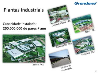 Plantas Industriais

Capacidade instalada:
200.000.000 de pares / ano




                  Sobral / CE

                                17
 