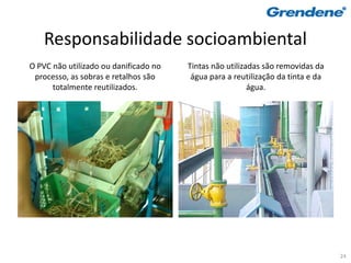 Responsabilidade socioambiental
O PVC não utilizado ou danificado no   Tintas não utilizadas são removidas da
 processo, as sobras e retalhos são     água para a reutilização da tinta e da
      totalmente reutilizados.                           água.




                                                                                 24
 
