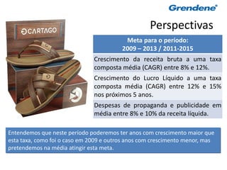 Perspectivas
                                          Meta para o período:
                                         2009 – 2013 / 2011-2015
                               Crescimento da receita bruta a uma taxa
                               composta média (CAGR) entre 8% e 12%.
                               Crescimento do Lucro Líquido a uma taxa
                               composta média (CAGR) entre 12% e 15%
                               nos próximos 5 anos.
                               Despesas de propaganda e publicidade em
                               média entre 8% e 10% da receita líquida.

Entendemos que neste período poderemos ter anos com crescimento maior que
esta taxa, como foi o caso em 2009 e outros anos com crescimento menor, mas
pretendemos na média atingir esta meta.

                                                                              74
 