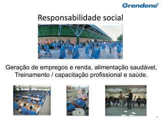 Responsabilidade social




Geração de empregos e renda, alimentação saudável,
  Treinamento / capacitação profissional e saúde.




                                                 21
 