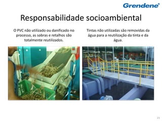 Responsabilidade socioambiental
O PVC não utilizado ou danificado no   Tintas não utilizadas são removidas da
 processo, as sobras e retalhos são     água para a reutilização da tinta e da
      totalmente reutilizados.                           água.




                                                                                 23
 