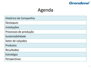 Agenda
Histórico da Companhia
Destaques
Instalações
Processos de produção
Sustentabilidade
Setor de calçados
Produtos
Resultados
Estratégia
Perspectivas

                                  3
 